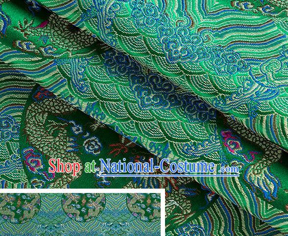 China Tang Suit Satin Damask Traditional Wave Dragon Pattern Silk Fabric Jacquard Green Brocade Material Classical Cheongsam Tapestry