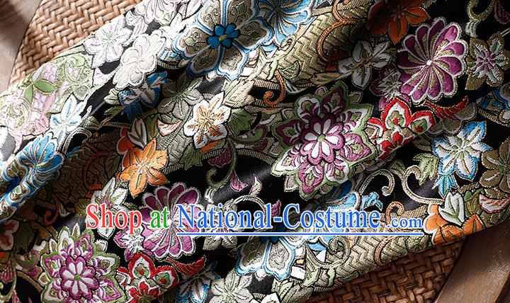 Asian Japanese Traditional Black Brocade Yukata Dress Satin Kimono Drapery Classical Chrysanthemum Pattern Tapestry Fabric