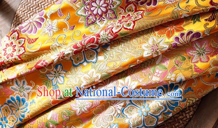 Asian Japanese Classical Chrysanthemum Pattern Tapestry Fabric Traditional Yellow Brocade Yukata Dress Satin Kimono Drapery