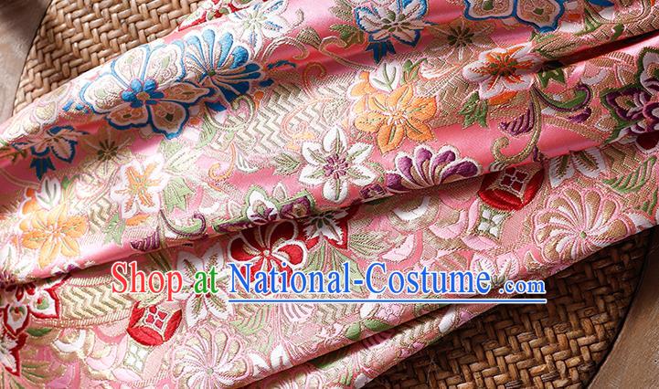 Asian Kimono Drapery Japanese Classical Chrysanthemum Pattern Tapestry Fabric Traditional Brocade Yukata Dress Pink Satin