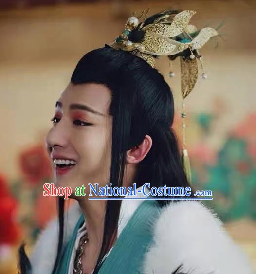 Chinese Drama Born in Limbo Prince Hair Accessories Traditional Warring States Period Childe Headpiece Ancient Swordsman Golden Hairdo Crown