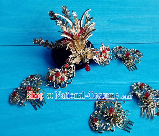 Chinese Traditional Hanfu Hair Accessories Ancient  Queen Golden Phoenix Hair Crown Song Dynasty Empress Cao Danshu Hair Combs