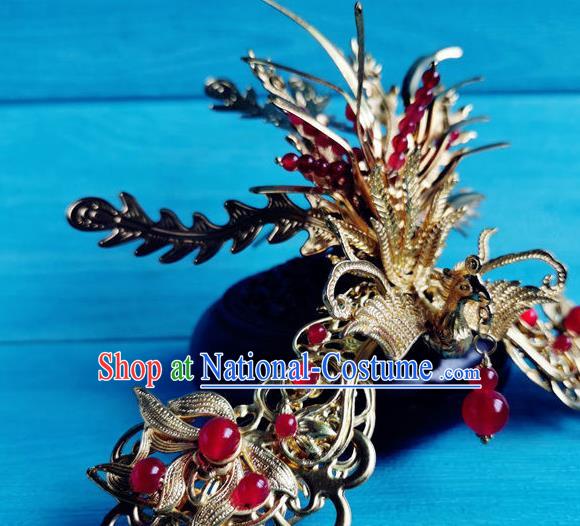 Chinese Traditional Hanfu Hair Accessories Ancient  Queen Golden Phoenix Hair Crown Song Dynasty Empress Cao Danshu Hair Combs