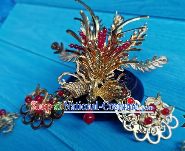 Chinese Traditional Hanfu Hair Accessories Ancient  Queen Golden Phoenix Hair Crown Song Dynasty Empress Cao Danshu Hair Combs