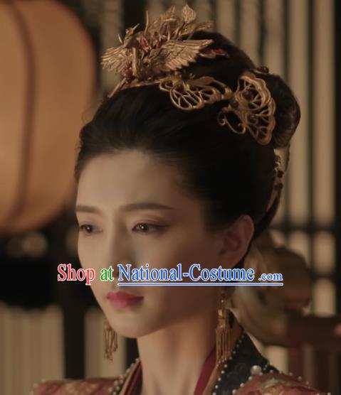 Chinese Traditional Hanfu Hair Accessories Ancient  Queen Golden Phoenix Hair Crown Song Dynasty Empress Cao Danshu Hair Combs