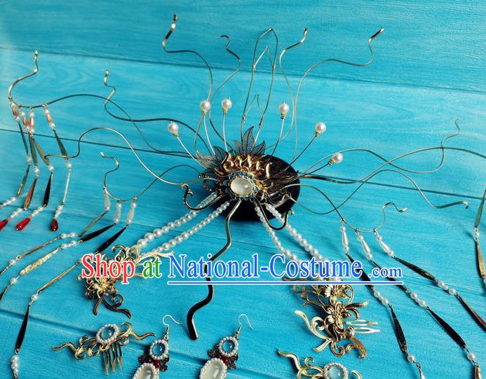 Chinese Ancient Fairy Queen Tassel Hairpins Traditional Hanfu Hair Accessories Jin Dynasty Empress Golden Lotus Hair Crown