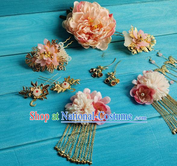 Chinese Ancient Imperial Consort Hairpins Traditional Hanfu Hair Accessories Tang Dynasty Pink Peony Hair Crown Full Set