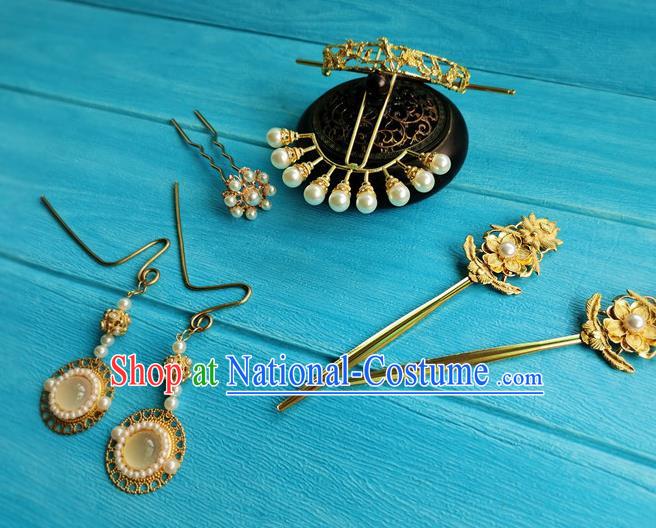 Chinese Traditional Wedding Hanfu Hair Accessories Ming Dynasty Princess Golden Hairpins Ancient Palace Lady Hair Crown Full Set