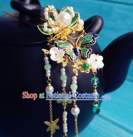 Chinese Ancient Palace Lady Tassel Hairpin Traditional Hanfu Hair Accessories Ming Dynasty Princess Cloisonne Butterfly Hair Clip