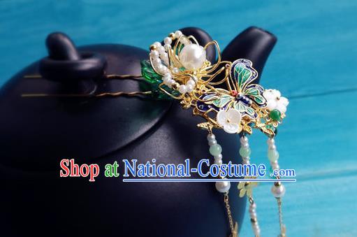 Chinese Ancient Palace Lady Tassel Hairpin Traditional Hanfu Hair Accessories Ming Dynasty Princess Cloisonne Butterfly Hair Clip