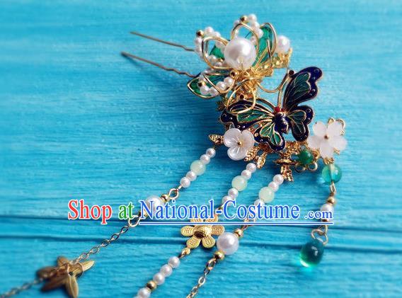 Chinese Ancient Palace Lady Tassel Hairpin Traditional Hanfu Hair Accessories Ming Dynasty Princess Cloisonne Butterfly Hair Clip