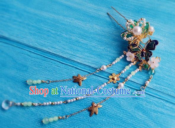 Chinese Ancient Palace Lady Tassel Hairpin Traditional Hanfu Hair Accessories Ming Dynasty Princess Cloisonne Butterfly Hair Clip