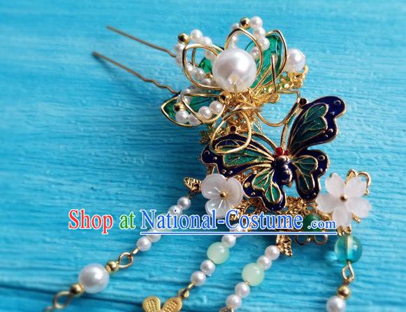 Chinese Ancient Palace Lady Tassel Hairpin Traditional Hanfu Hair Accessories Ming Dynasty Princess Cloisonne Butterfly Hair Clip