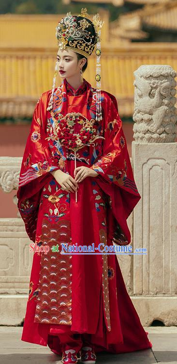 China Ancient Empress Red Hanfu Dress Traditional Wedding Garments Ming Dynasty Court Queen Historical Clothing and Headdress Complete Set