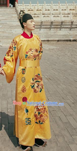 China Ancient Emperor Embroidered Yellow Imperial Robe Traditional Hanfu Garments Ming Dynasty Royal Majesty Historical Clothing and Hat