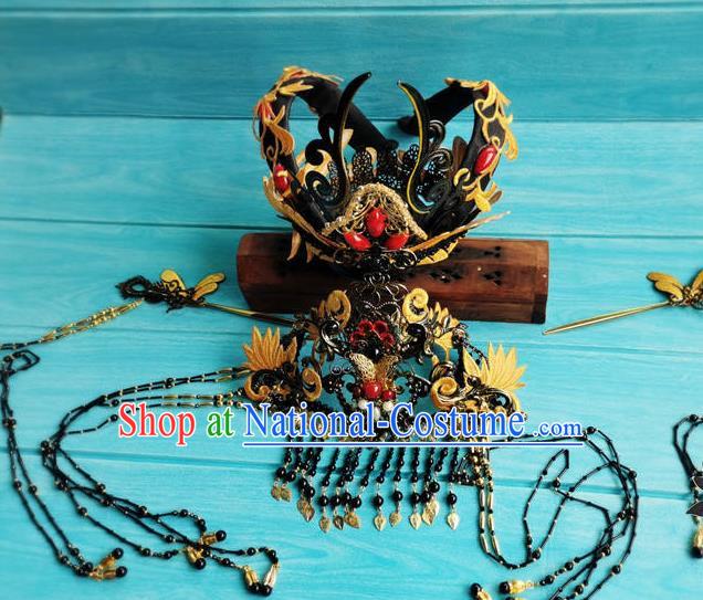 China Traditional Hanfu Black Hair Crown Ancient Goddess Tassel Hairpins Drama The Honey Sank Like Frost Jin Mi Wedding Headdress