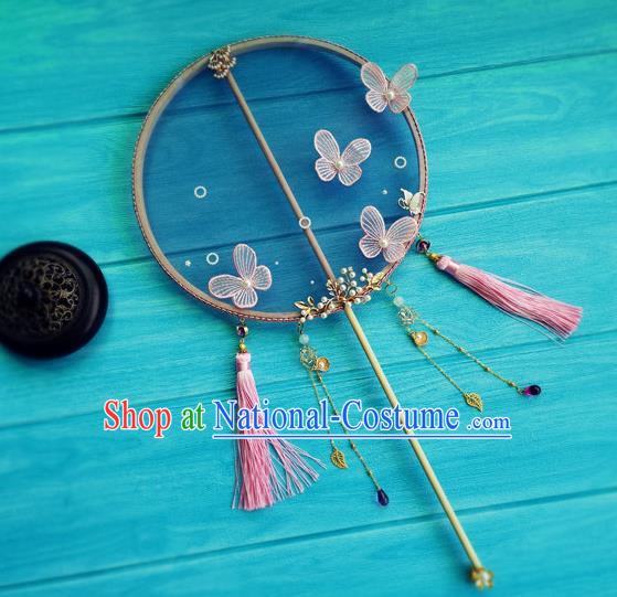 Handmade Chinese Tang Dynasty Princess Blue Silk Fan Traditional Hanfu Circular Fan Wedding Palace Fan