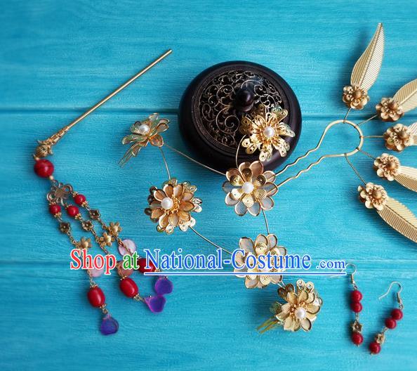 Chinese Tang Dynasty Queen Hair Stick Traditional Hanfu Hair Accessories Ancient Princess Golden Leaf Hairpins Full Set