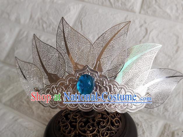 Chinese Traditional Tang Dynasty Prince Hair Accessories Ancient Swordsman Argent Leaf Hairdo Crown