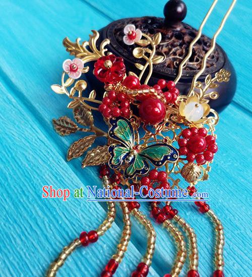 Chinese Ming Dynasty Cloisonne Butterfly Hairpin Traditional Hanfu Hair Accessories Ancient Empress Beads Tassel Hair Stick