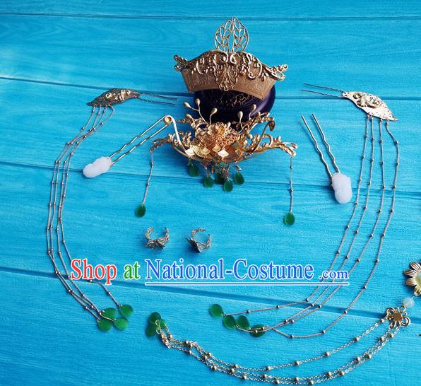 Chinese Tang Dynasty Empress Hairpins Traditional Hanfu Hair Accessories Ancient Imperial Consort Golden Hair Crown Full Set