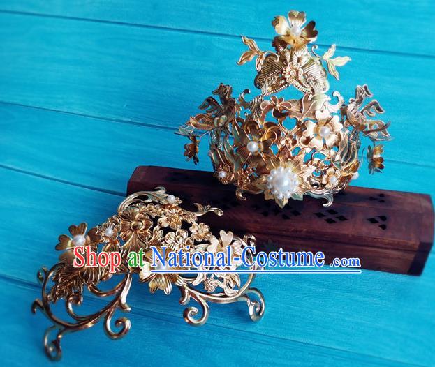 Chinese Jin Dynasty Empress Hairpins Traditional Hanfu Wedding Hair Accessories Ancient Queen Fu Yao Golden Hair Crown