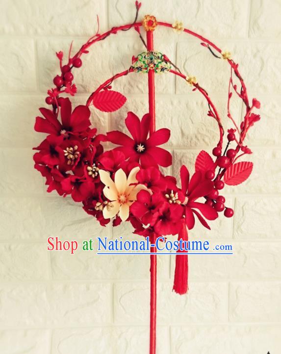 Handmade Chinese Traditional Hanfu Red Flowers Fan Wedding Palace Fan Bride Prop Fan