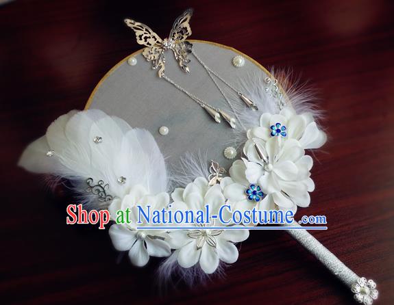 Handmade Chinese Bride Prop Fan Traditional Hanfu Silk Fan Wedding White Feather Palace Fan