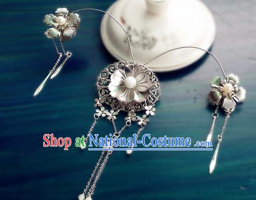 Chinese Tang Dynasty Argent Hair Crown Traditional Hanfu Hair Accessories Ancient Fairy Tassel Hairpin