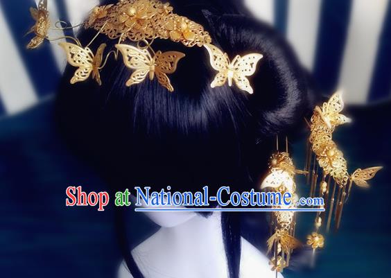 Chinese Ming Dynasty Golden Butterfly Hair Crown Traditional Hanfu Wedding Hair Accessories Ancient Bride Tassel Hairpins