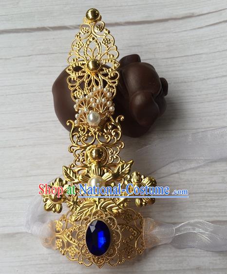 Chinese Traditional Tang Dynasty Prince Pearls Headpiece Ancient Swordsman Golden Hairdo Crown