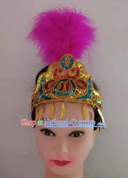 Chinese Minority Stage Performance Rosy Feather Hair Crown Xinjiang Ethnic Folk Dance Hair Clasp Traditional Uyghur Nationality Dance Headpieces