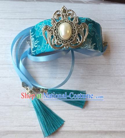 Chinese Chivalrous Expert Pearl Headpiece Traditional Ming Dynasty Young Knight Hair Accessories Ancient Swordsman Blue Hairdo Crown