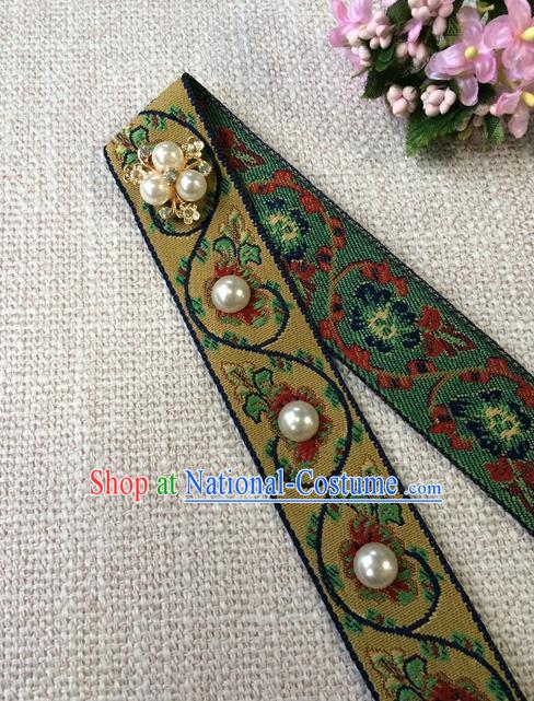 Chinese Ancient Elderly Woman Hair Clasp Ming Dynasty Dowager Countess Pearls Forehead Accessories Traditional Hanfu Embroidered Yellow Headband