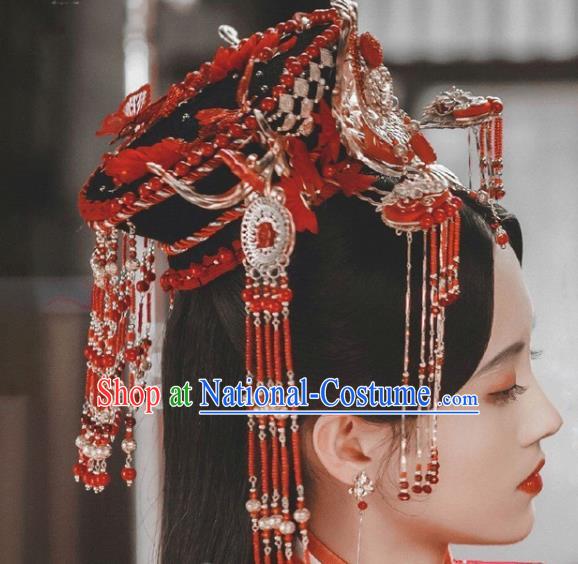 China Drama The Legend of White Snake Bai Suzhen Hairpieces Traditional Hanfu Bride Headdress Ancient Goddess Red Tassel Hair Crown