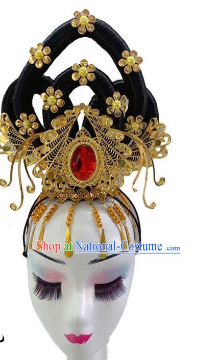 Chinese Classical Dance Hair Accessories Traditional Dunhuang Flying Apsaras Headwear Stage Performance Wigs Chignon