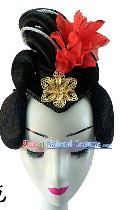 Chinese Classical Dance Hairpieces Traditional Woman Group Dance Hair Accessories Stage Performance Wigs Chignon Headdress