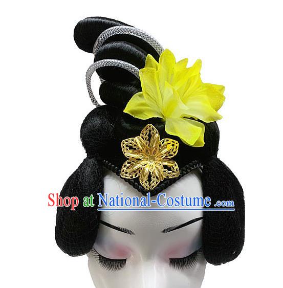 Chinese Stage Performance Wigs Chignon Headdress Classical Dance Hairpieces Traditional Woman Group Dance Yellow Flower Hair Accessories