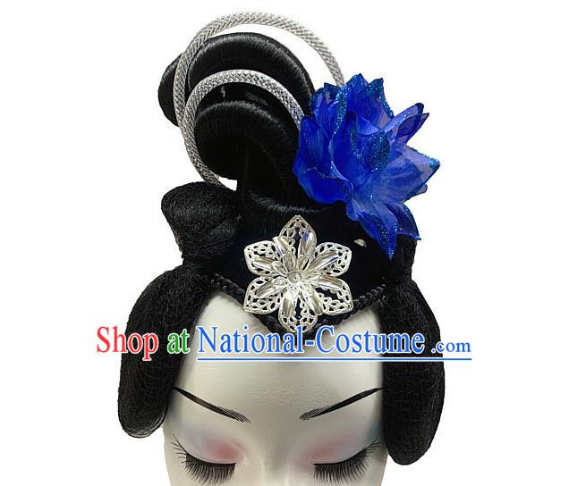 Chinese Classical Dance Royalblue Flower Hair Accessories Stage Performance Wigs Chignon Headdress Traditional Woman Group Dance Hairpieces