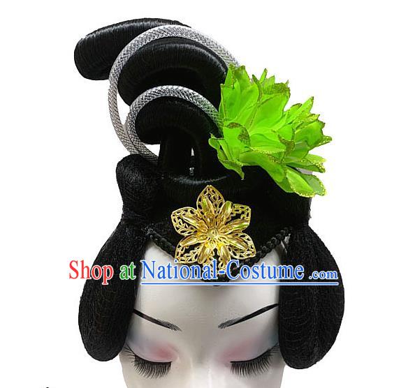 Chinese Woman Group Dance Hairpieces Classical Dance Green Flower Hair Accessories Stage Performance Wigs Chignon Headdress