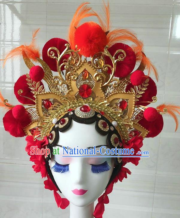 Chinese Peking Opera Blues Helmet Opera Female General Performance Feather Headdress Classical Dance Wigs and Hair Accessories