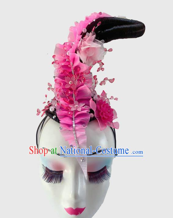 Chinese Classical Dance Wigs Chignon and Rosy Flowers Hair Accessories Court Dance Headpiece Traditional Flying Fairy Dance Hair Clasp