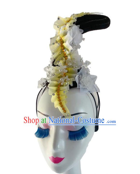 Chinese Court Dance Headpiece Traditional Flying Fairy Dance Yellow Flowers Hair Clasp Classical Dance Wigs Chignon