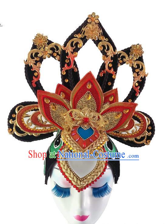 Chinese Classical Dance Wigs Chignon Tang Dynasty Court Dance Headpieces Traditional Woman Dance Red Lotus Headdress