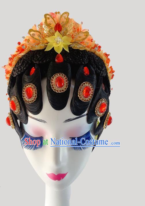 Chinese Peking Opera Diva Hairpieces Woman Stage Performance Headdress Classical Dance Wigs and Orange Flowers Hair Accessories