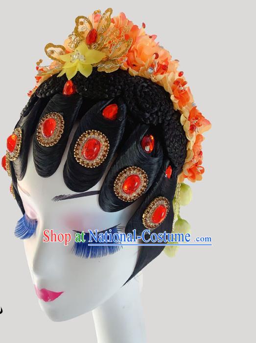 Chinese Peking Opera Diva Hairpieces Woman Stage Performance Headdress Classical Dance Wigs and Orange Flowers Hair Accessories