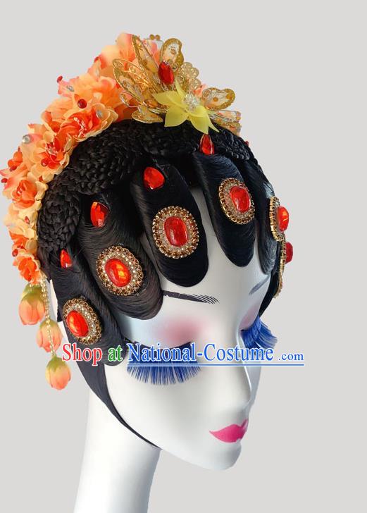 Chinese Peking Opera Diva Hairpieces Woman Stage Performance Headdress Classical Dance Wigs and Orange Flowers Hair Accessories