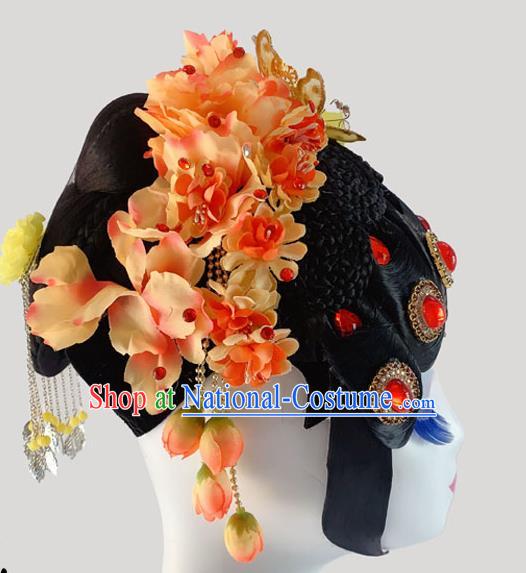 Chinese Peking Opera Diva Hairpieces Woman Stage Performance Headdress Classical Dance Wigs and Orange Flowers Hair Accessories