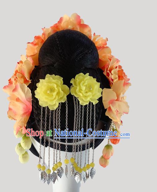 Chinese Peking Opera Diva Hairpieces Woman Stage Performance Headdress Classical Dance Wigs and Orange Flowers Hair Accessories