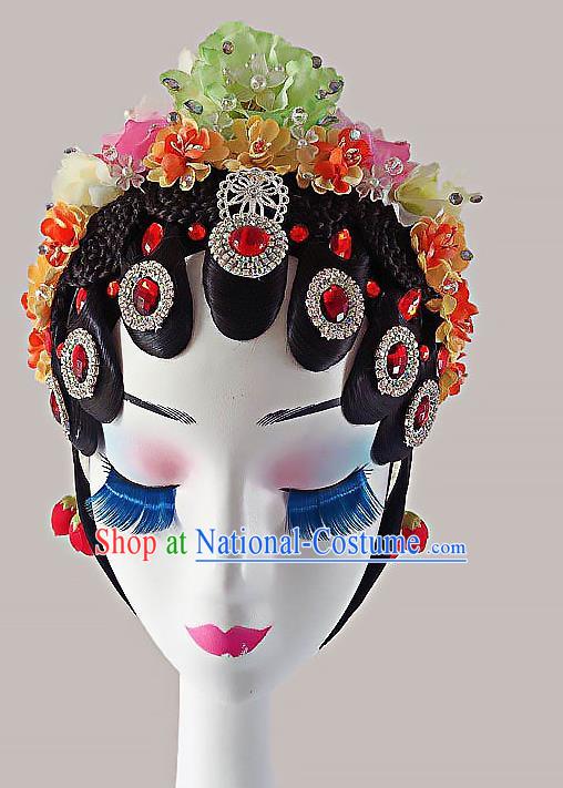 Chinese Classical Dance Wigs and Flowers Hair Accessories Peking Opera Hua Tan Hairpieces Woman Stage Performance Headdress